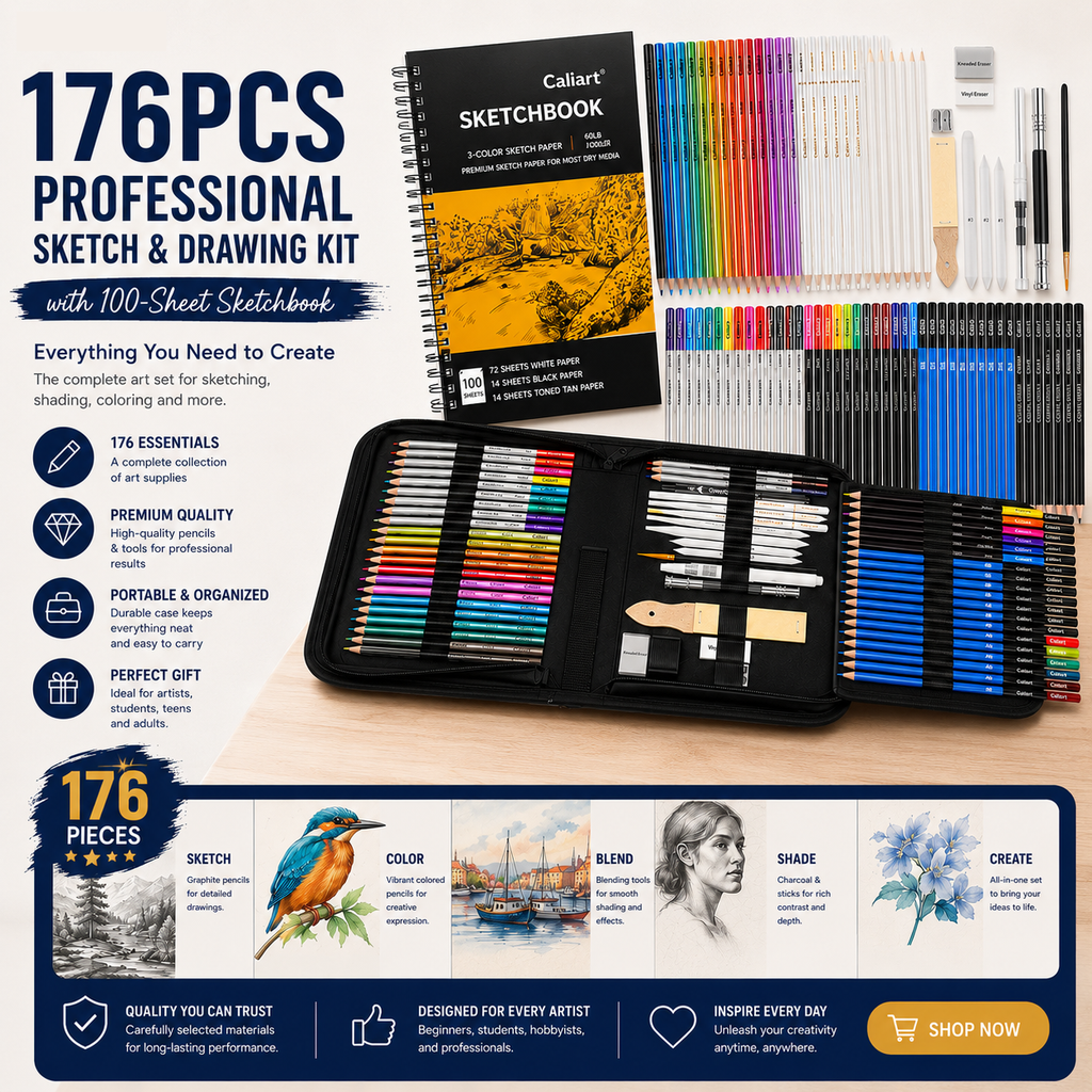 Caliart 176-Piece Sketch & Drawing Kit with 100-Sheet Sketchbook