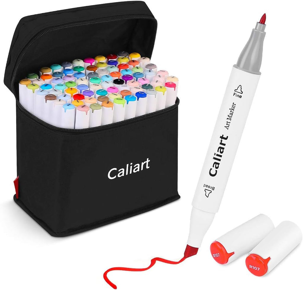 Caliart 81 Colors Alcohol Based Markers, 24 Double-Line Drawing Pens, Permanent Markers Mothers Day Gift for Mom Kids Artist Adult Cards