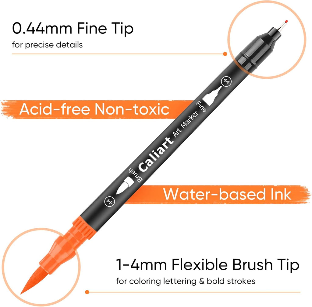 Caliart 34 Double Tip Brush Pens Art Markers, Artist Fine & Brush Pen Coloring Markers for Adult Book Cards Drawing Craft Kit Teacher Office Supplies