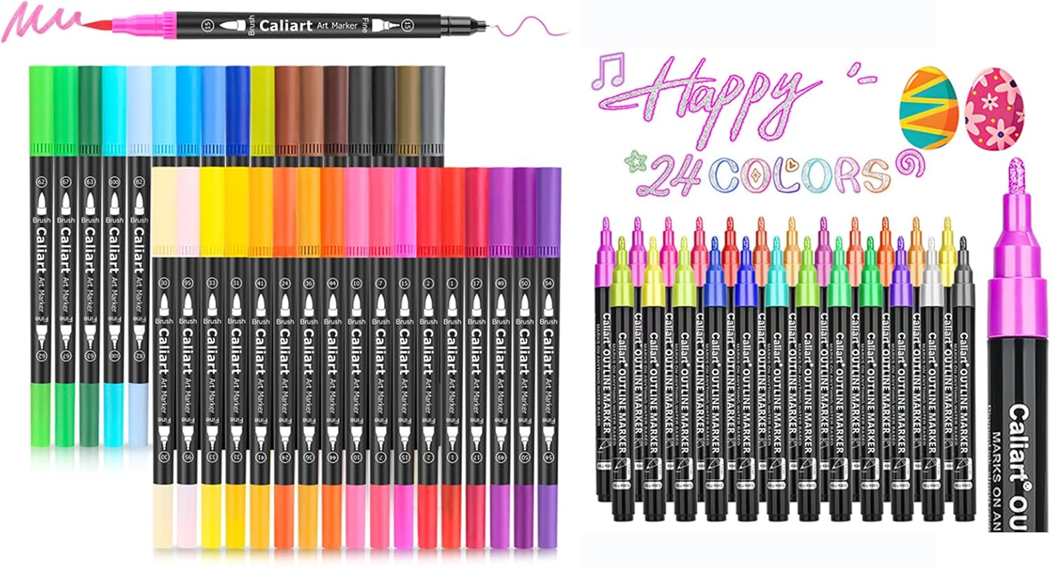 Caliart 34 Double Tip Brush Pens Art Markers, 24-Color Double-Line Outline Markers, Drawing Pens Permanent Markers Mothers Day Gift for Mom Kids Artist Adult Cards Drawing