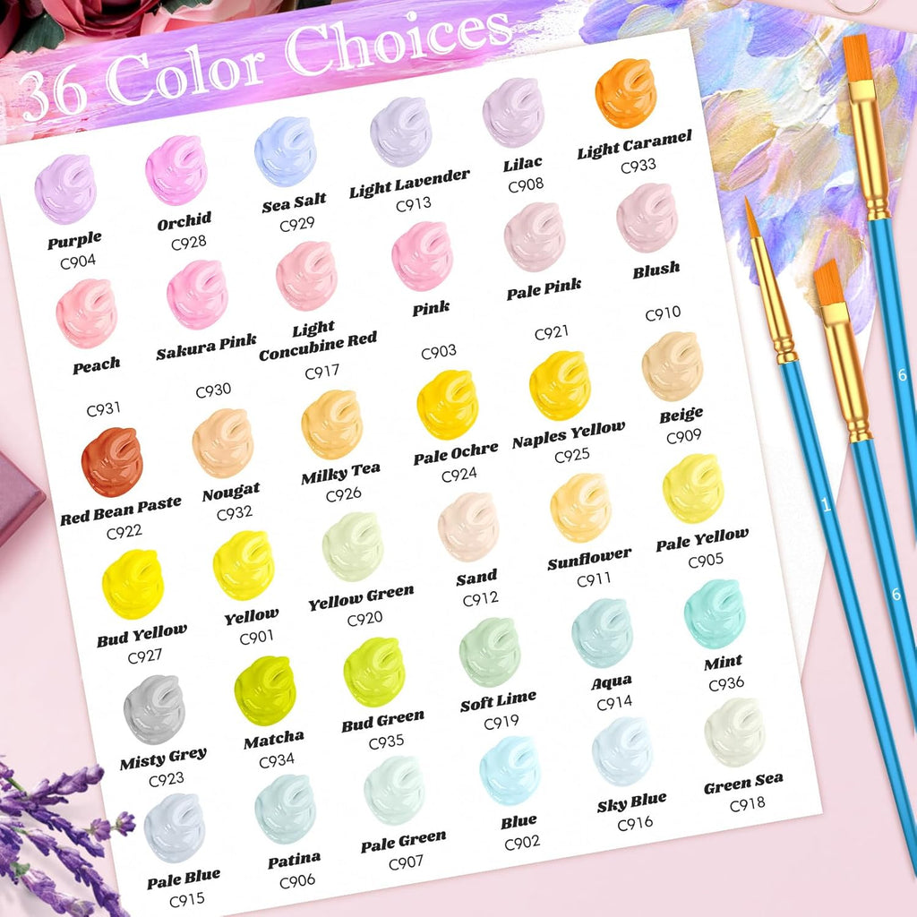 Caliart Acrylic Paint Set with 12 Brushes, 36 Pastel Colors (59ml, 2oz) Art Craft Paint for Artists Adults Beginners Painters, Canvas Ceramic Wood Fabric Rock Painting Supplies Kit