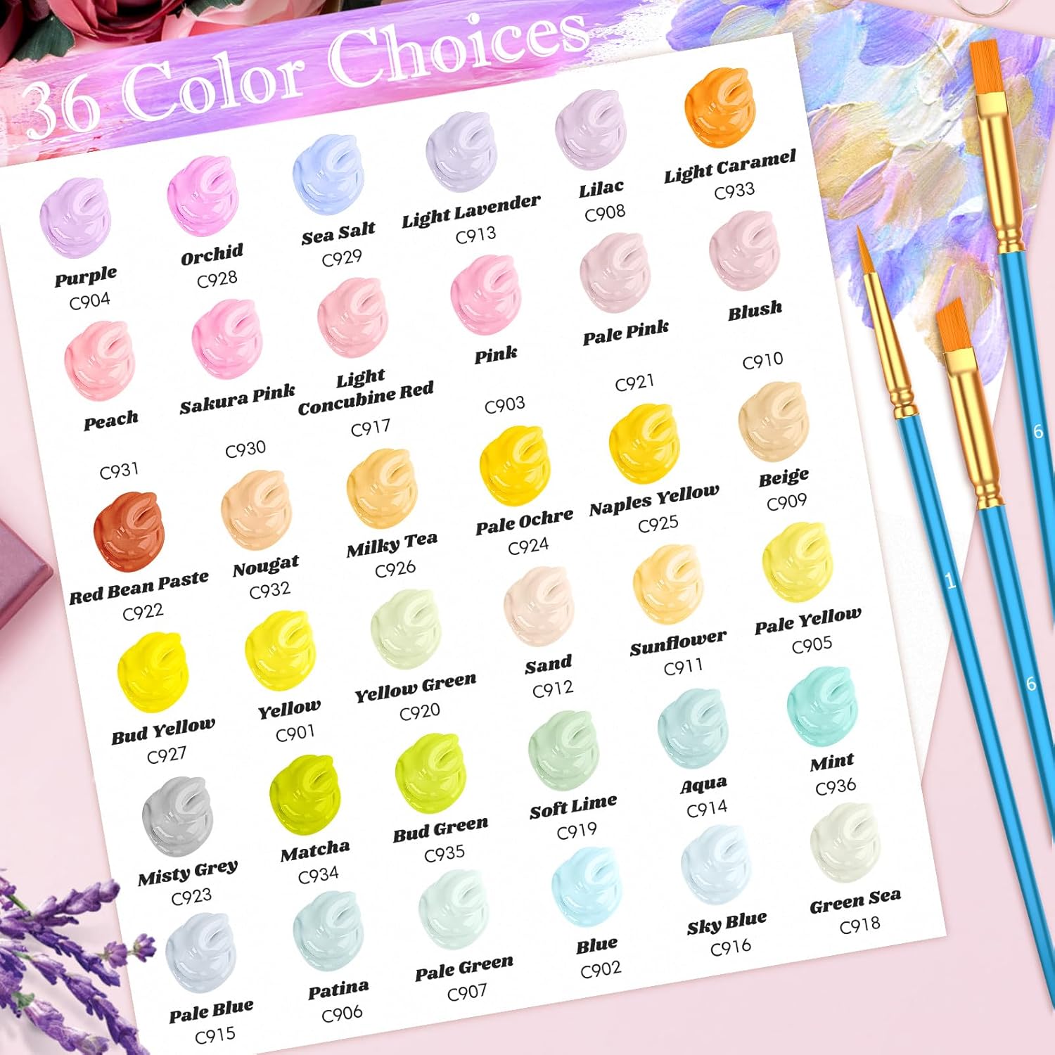 Caliart Acrylic Paint Set with 12 Brushes, 36 Pastel Colors (59ml, 2oz) Art Craft Paint for Artists Adults Beginners Painters, Canvas Ceramic Wood Fabric Rock Painting Supplies Kit