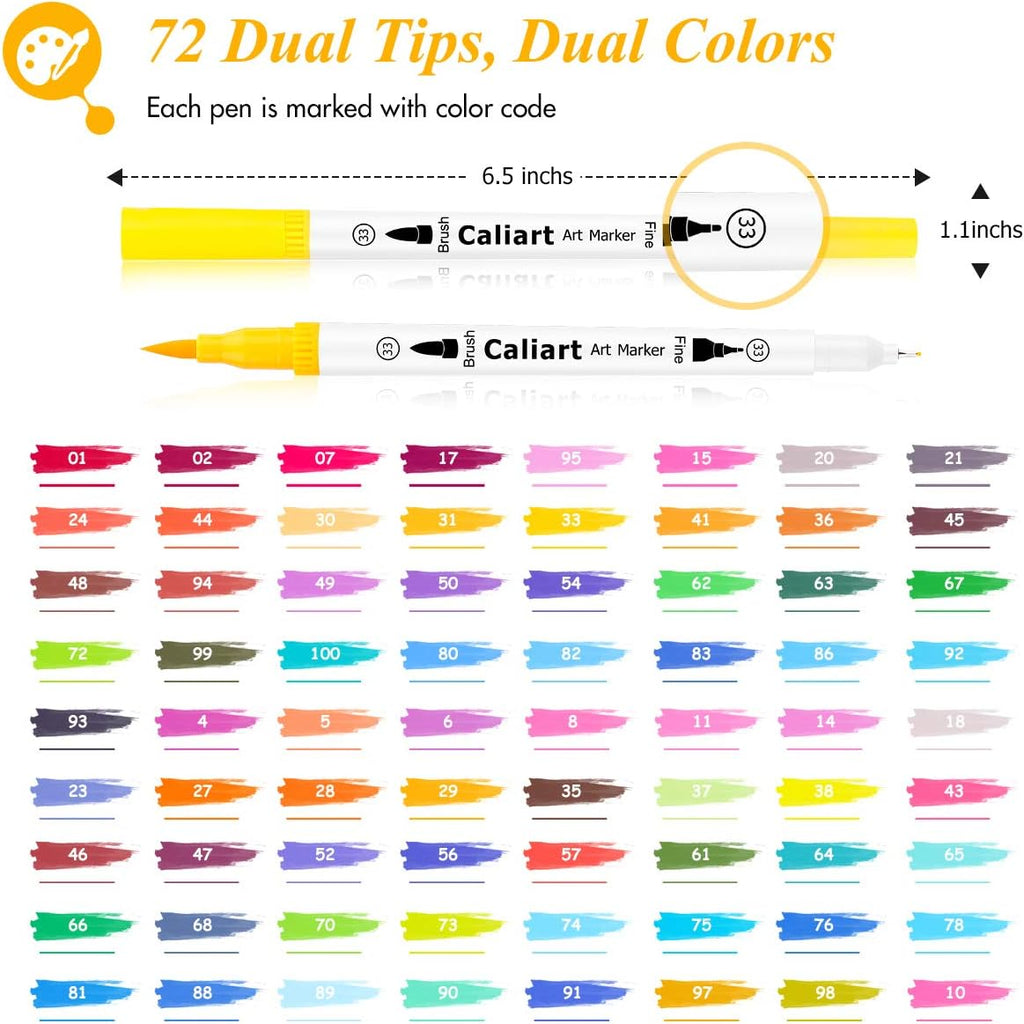 Caliart 72 Double Tip Brush Pens - 24 Color Double-Line Art Markers, Perfect for Cards and Doodle Drawing. Great Gift for Mothers Day or any Artist - Kids, Adults Included