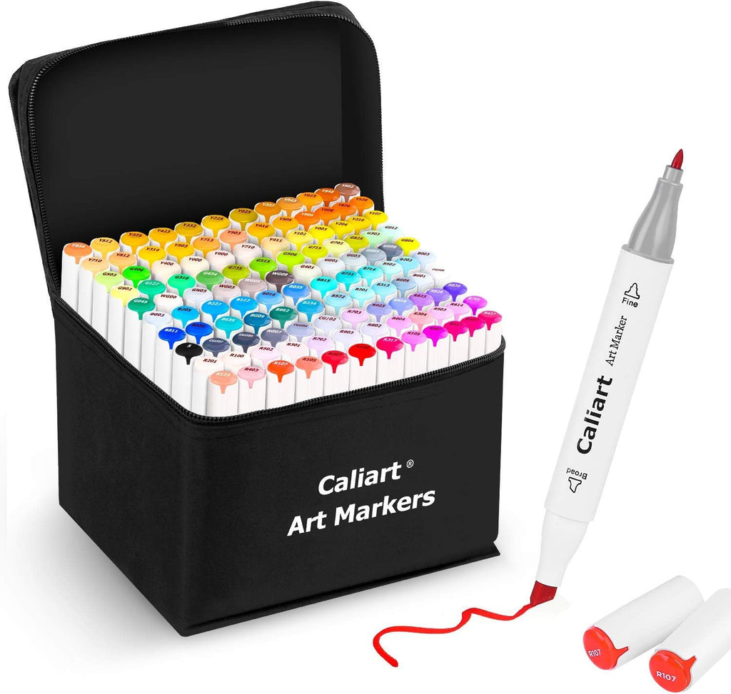 Caliart 121Colors Alcohol Based Markers, 34 Double Tip Brush Pens Art Markers, Drawing Pens Permanent Markers Mothers Day Gift for Mom Kids Artist Adult Cards Drawing