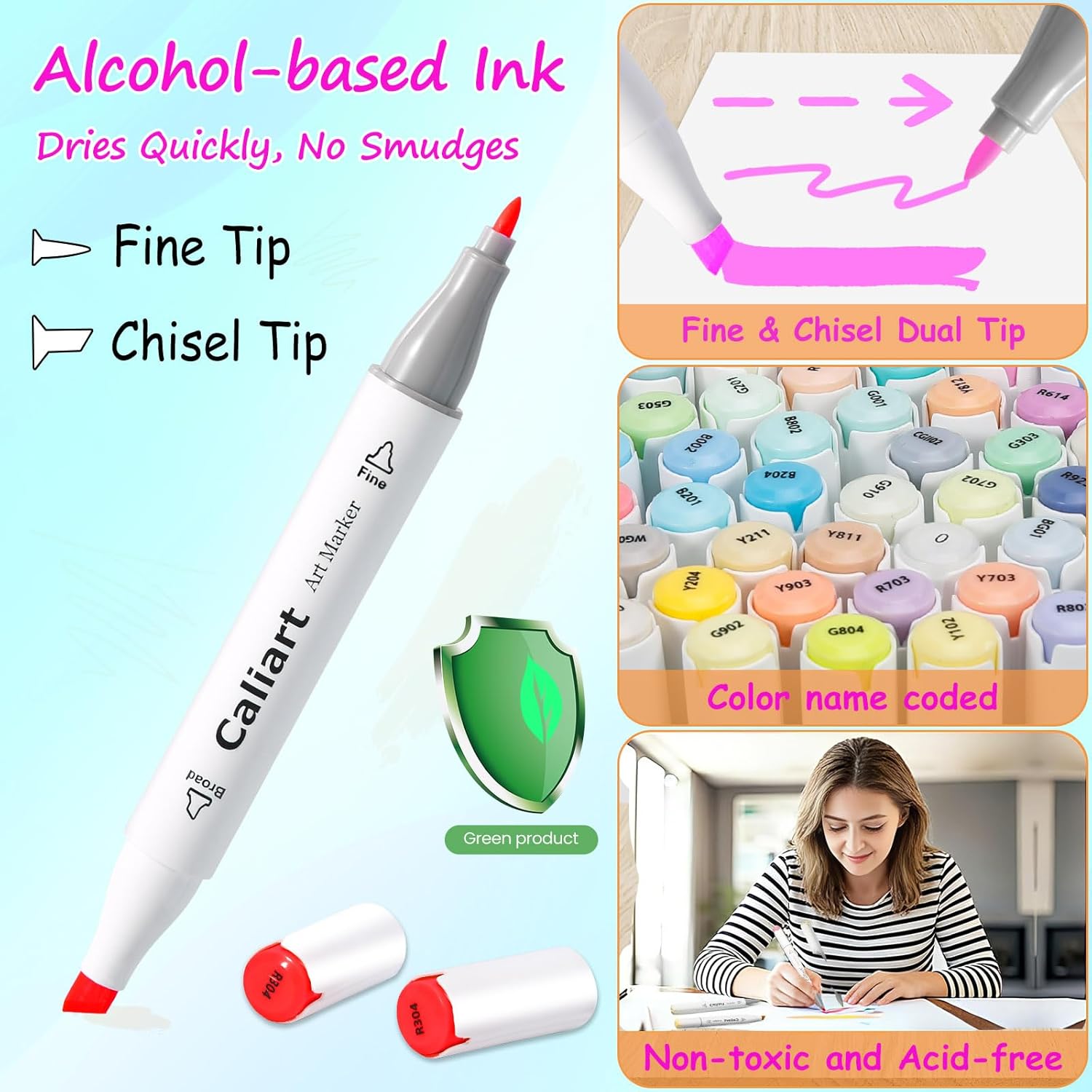 Caliart Alcohol Based Markers, 180 Colors Art Marker Set Fine & Chisel Dual Tip, Permanent Colored Pens for Adults Coloring Book Artists Illustration Sketch Drawing