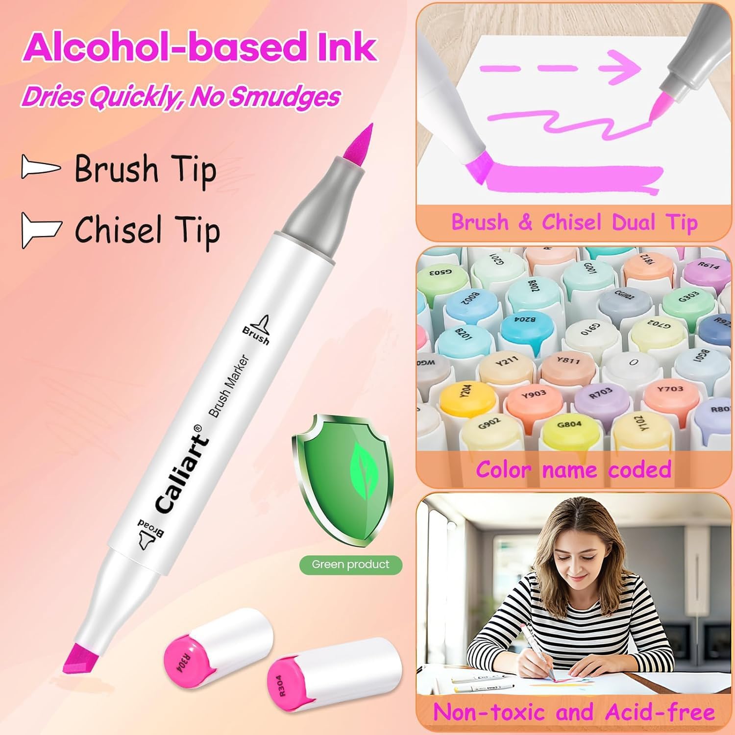 Caliart 168 Colors Alcohol Markers Brush Tip & Chisel, Dual Tip Art Markers Set for Adults Coloring Book Artists Sketch Illustration, with Case Permanent Colored Pen Art Supplies Drawing Gifts