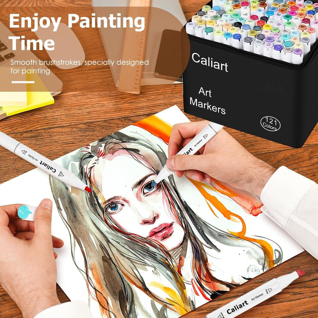 Caliart 121 Colors Alcohol Based Markers, Dual Tip Art Marker Set Chisel & Fine, Permanent Colored Pens for Adults Coloring Book Artists Sketch Illustration Drawing Supplies Gifts