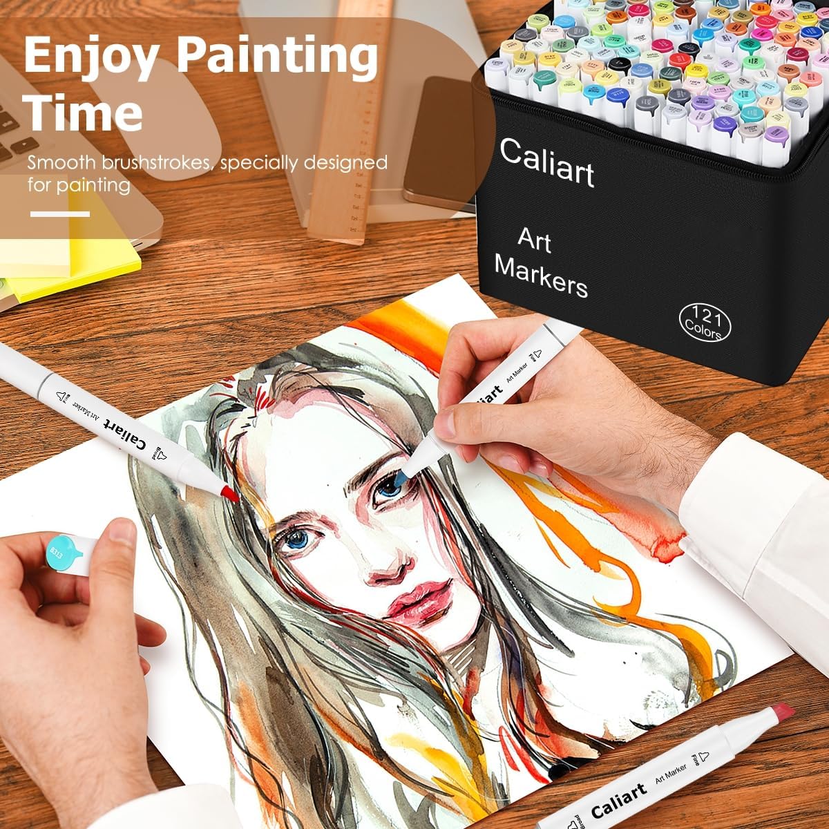 Caliart 121 Colors Alcohol Based Markers, Dual Tip Art Marker Set Chisel & Fine, Permanent Colored Pens for Adults Coloring Book Artists Sketch Illustration Drawing Supplies Gifts