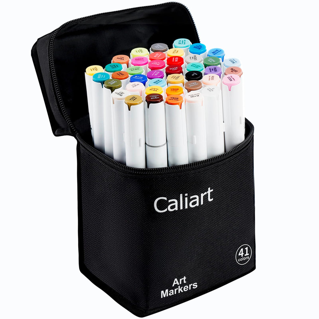 Caliart Markers Brush & Chisel, 18 Colors Alcohol Markers for Adult Coloring Book, Dual Tip Art Pen Set for Artist Illustration Sketch Drawing Gift