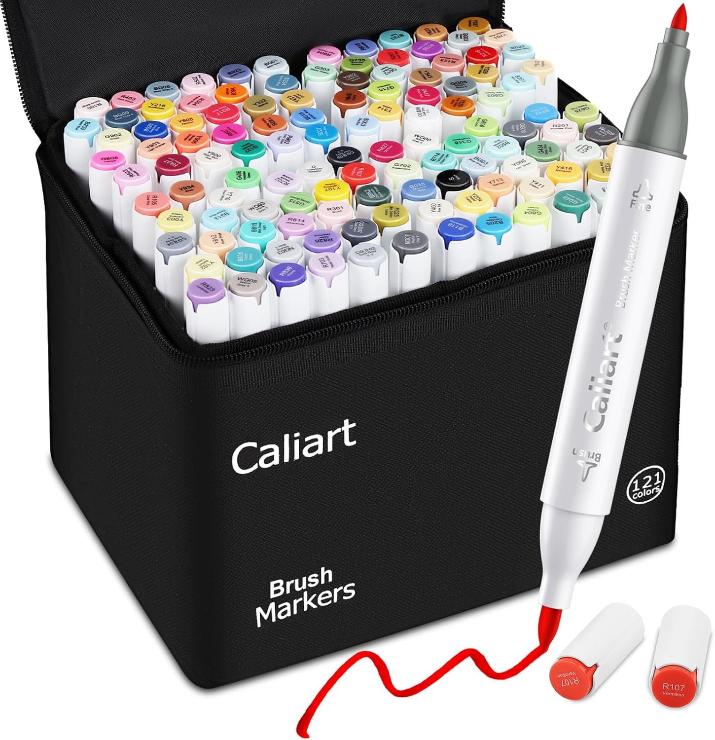 Caliart Alcohol Markers Brush Tip - 121 Colors Dual Tip Artists Coloring Markers Set Brush & Fine, with Case Permanent Alcohol Based Colored Sketch Pens, Art Supplies Gifts for Adults Drawing