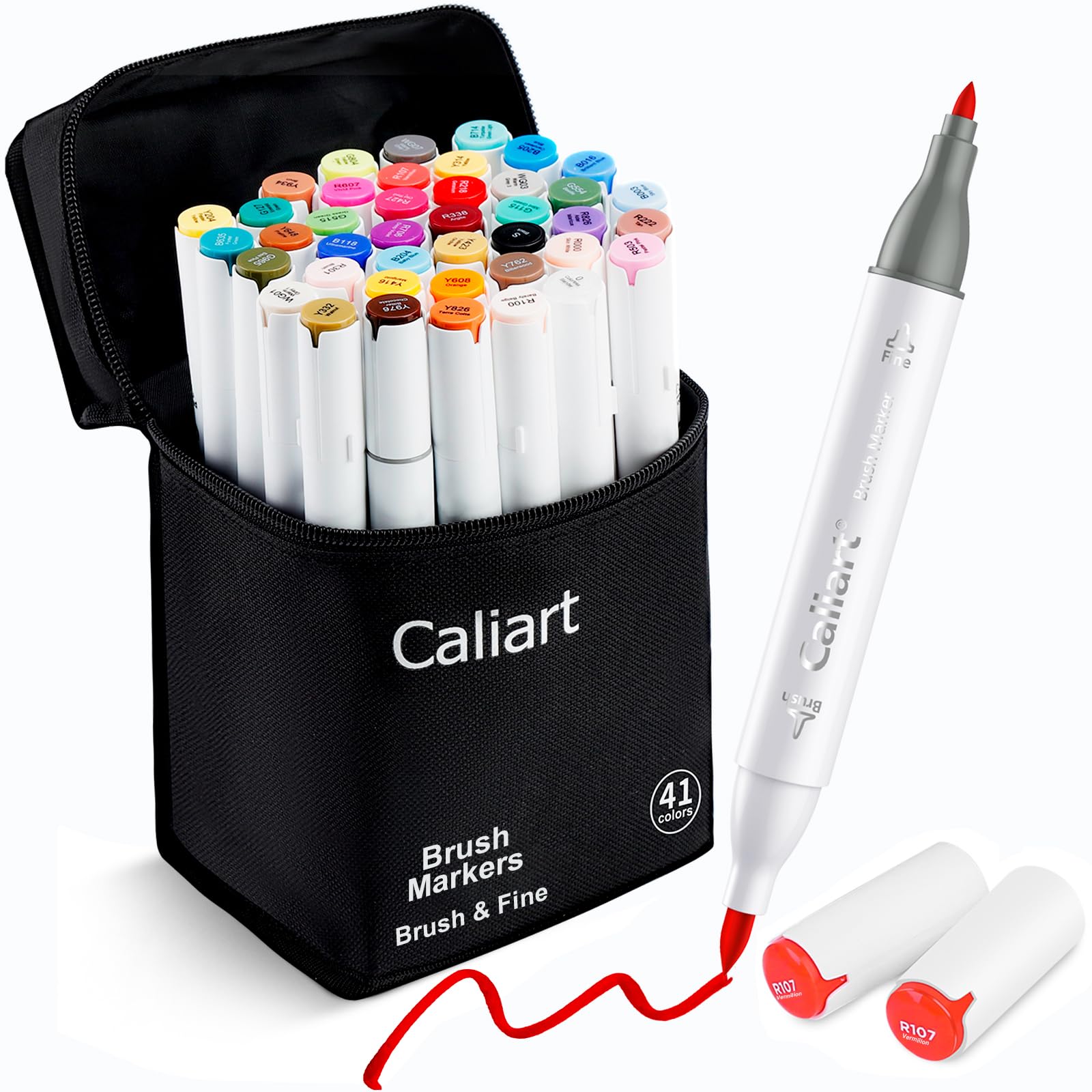 Caliart Markers Brush & Chisel, 18 Colors Alcohol Markers for Adult Coloring Book, Dual Tip Art Pen Set for Artist Illustration Sketch Drawing Gift