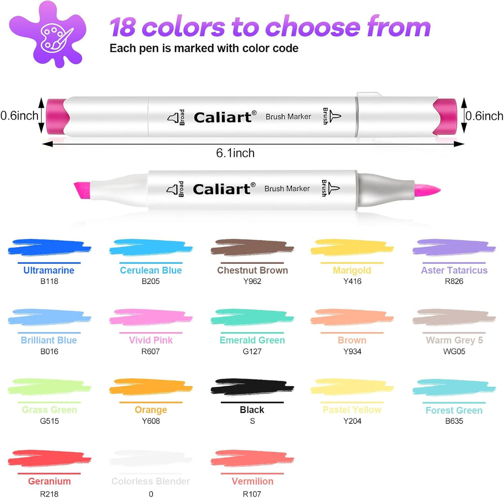Caliart 100 Colors & 18 Colors Brush & Chisel Double Tip Alcohol Art Markers, Permanent Markers, Drawing Pens, Mothers Day Gift for Mom Kids Artist Adult Cards Drawing
