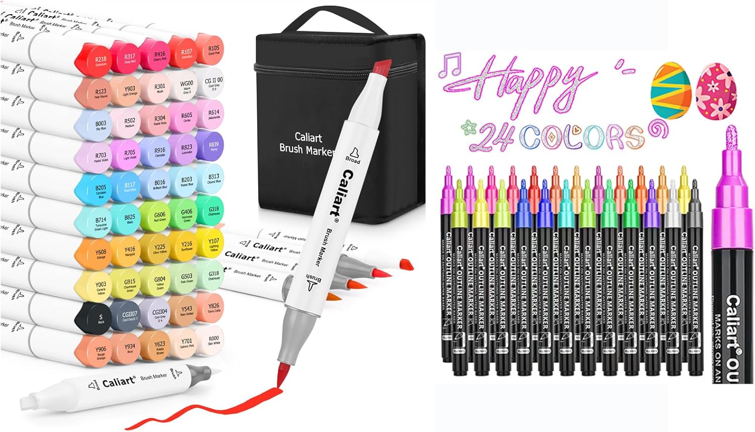 Caliart 51 Colors Alcohol Based Brush Markers, 24 Double-Line Drawing Pens, Mothers Day Gift for Mom, Kids, Adults, Artist, Cards