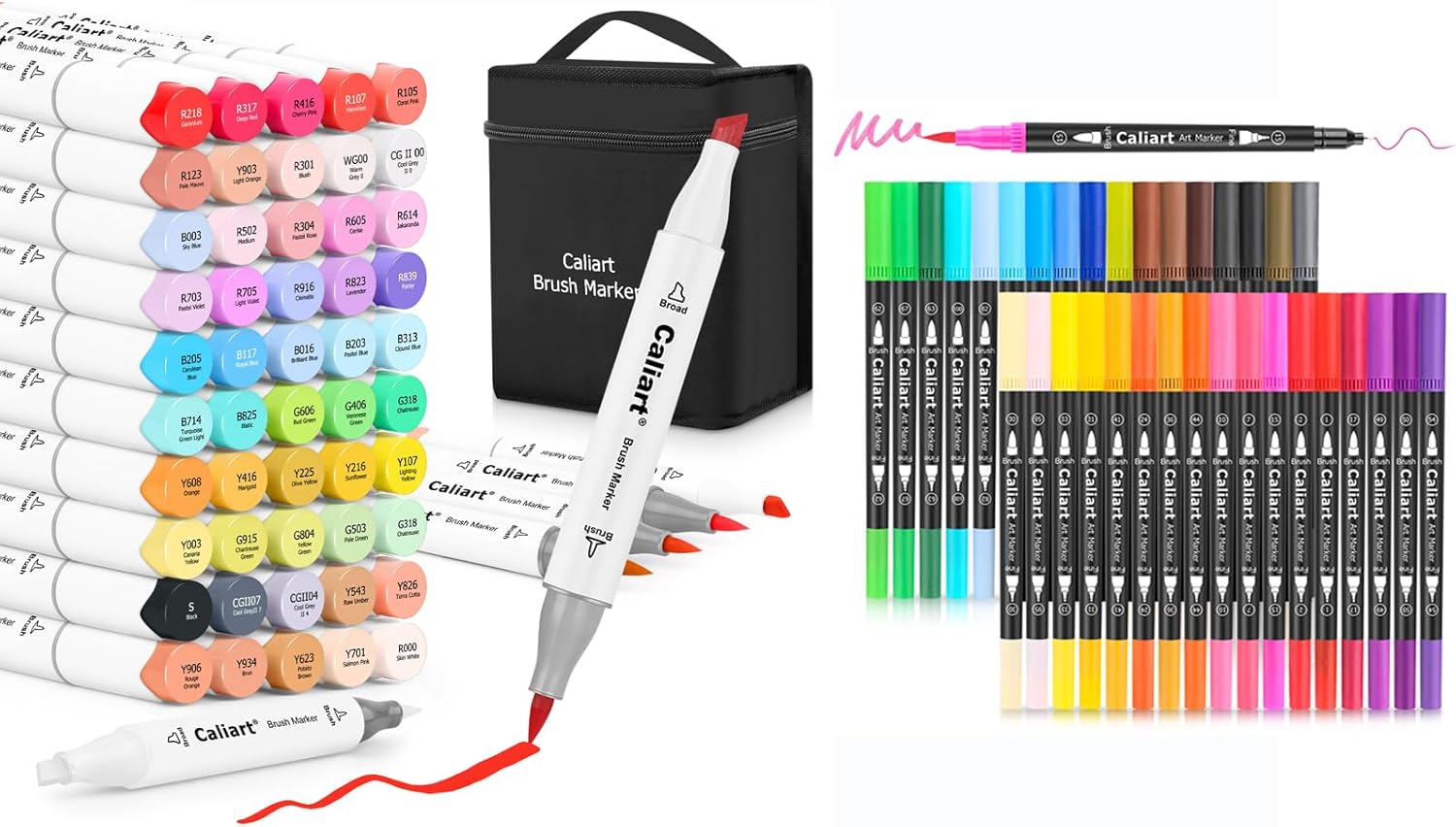 Caliart 51 Colors Brush Alcohol Based Markers, 34 Double Tip Brush Pens Art Markers, Drawing Pens Permanent Markers Mothers Day Gift for Mom Kids Artist Adult Cards Drawing