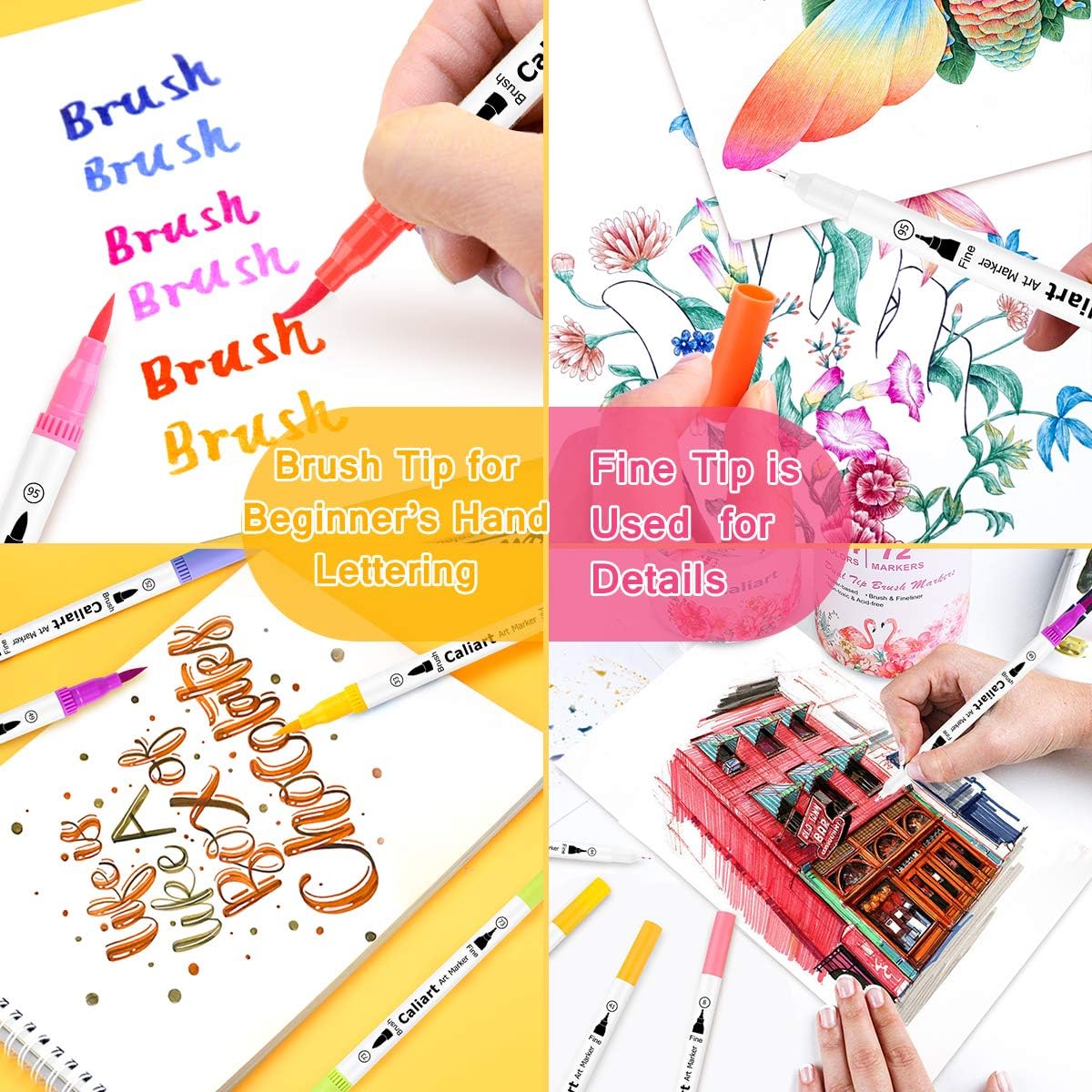 Caliart 72 Double Tip Brush Pens - 24 Color Double-Line Art Markers, Perfect for Cards and Doodle Drawing. Great Gift for Mothers Day or any Artist - Kids, Adults Included
