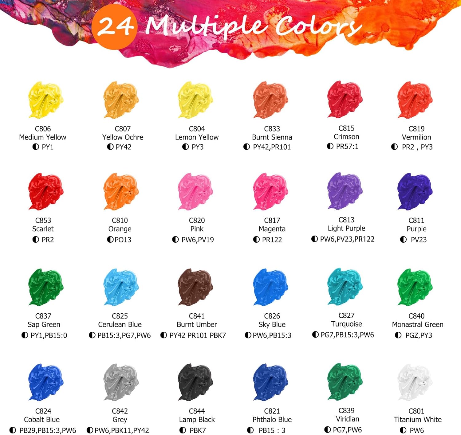 Caliart Acrylic Paint Set with 12 Brushes, 24 Colors Wood Craft Paints for Adult Artist Beginner Painter, Rich Pigments, Halloween Pumpkin Canvas Ceramic Rock Painting Art Kit Supplies