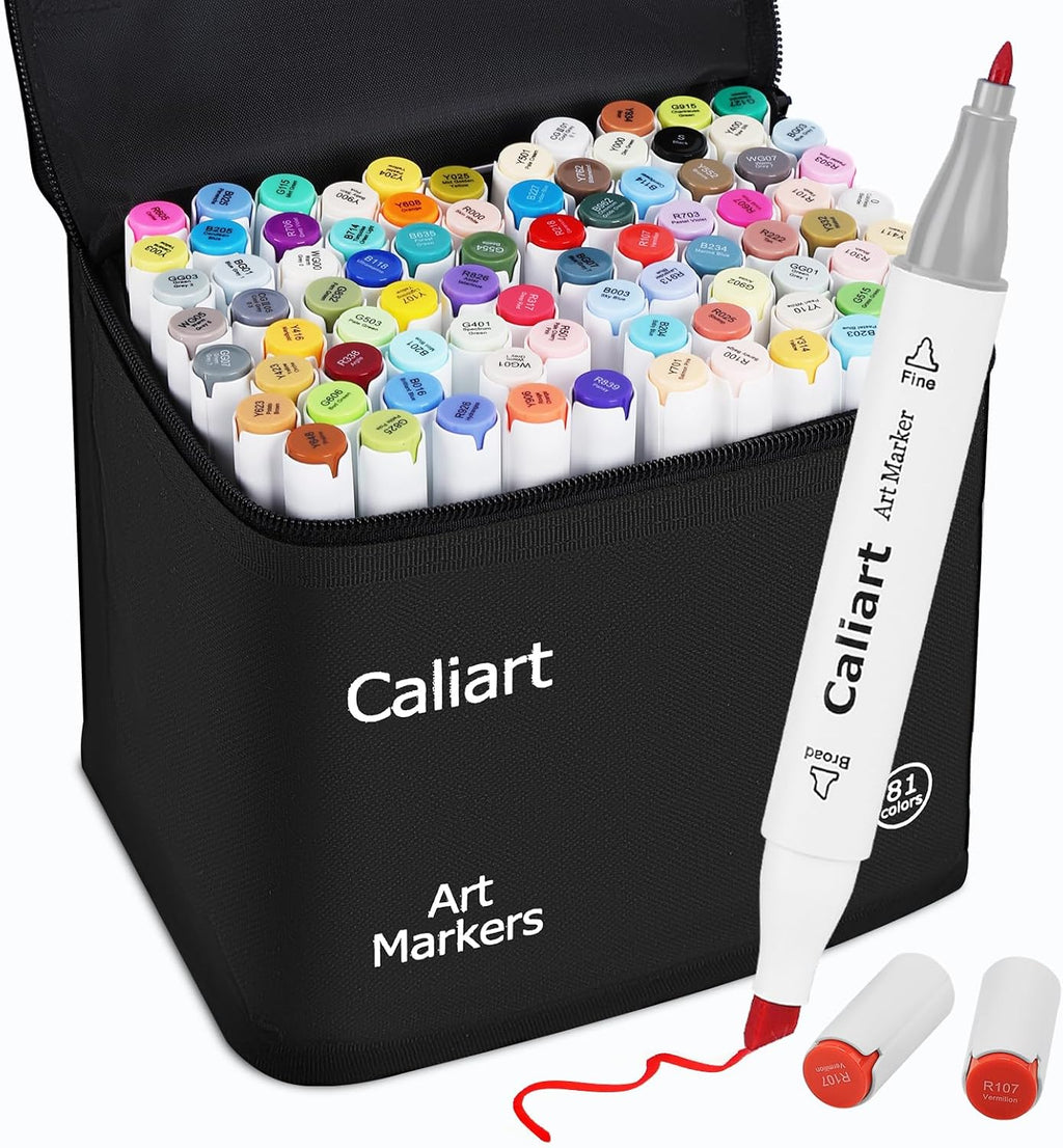 Caliart Alcohol Based Markers, 81 Colors Art Drawing Markers Set Dual Tip Fine & Chisel Permanent Colored Sketch Pens, with Case for Artists Adults Coloring Book Illustration