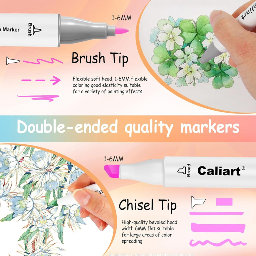 Caliart Pastel Alcohol Markers Brush Tip, 100 Colors Dual Tip Coloring Marker Pen Set Brush & Chisel, Art Supplies Gift for Adults Coloring Book Artists Sketch Drawing Illustration