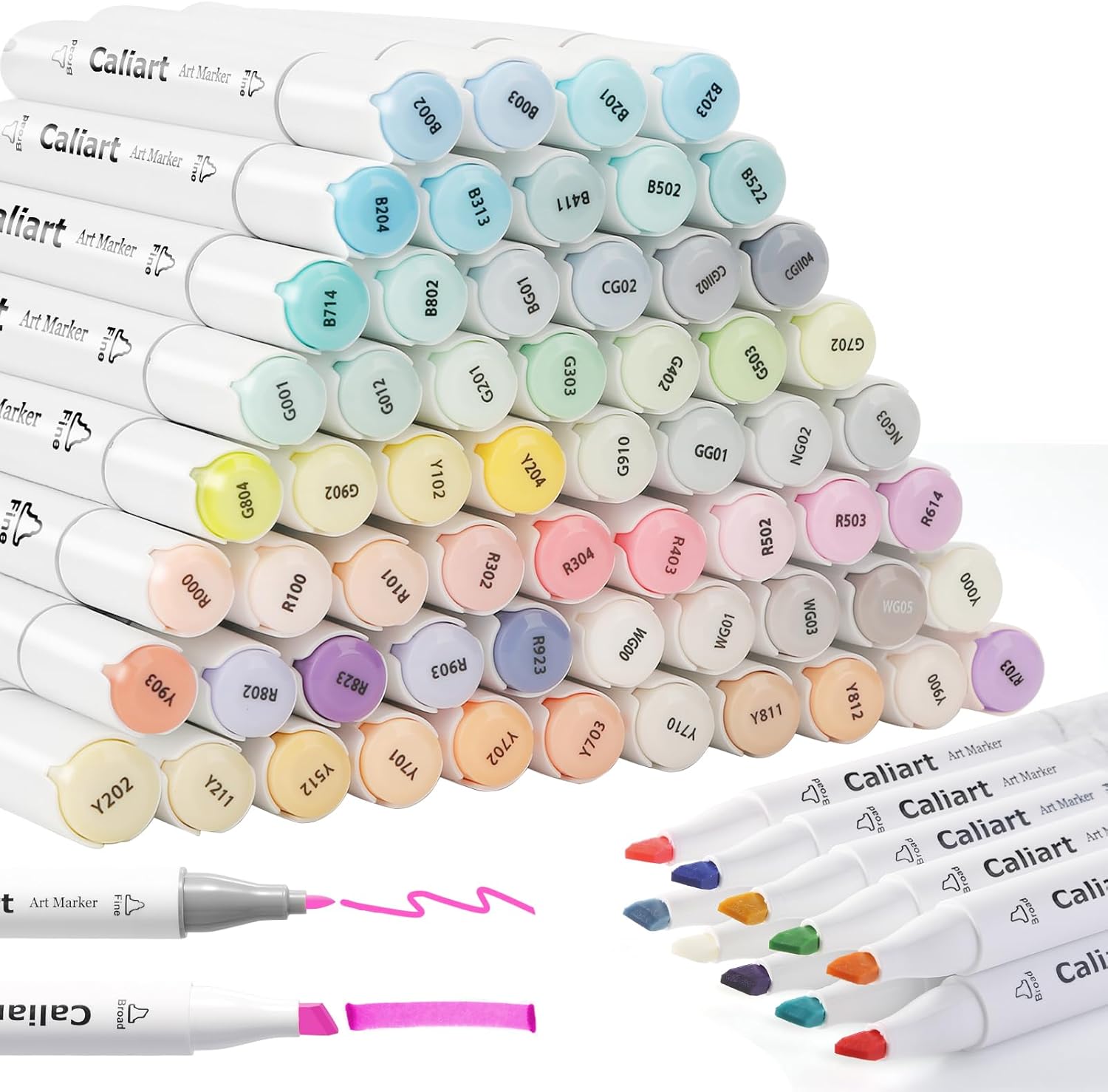 Caliart 61 Colors Pastel Alcohol Based Markers, 34 Double Tip Brush Pens Art Markers, Drawing Pens Permanent Markers Mothers Day Gift for Mom Kids Artist Adult Cards Drawing