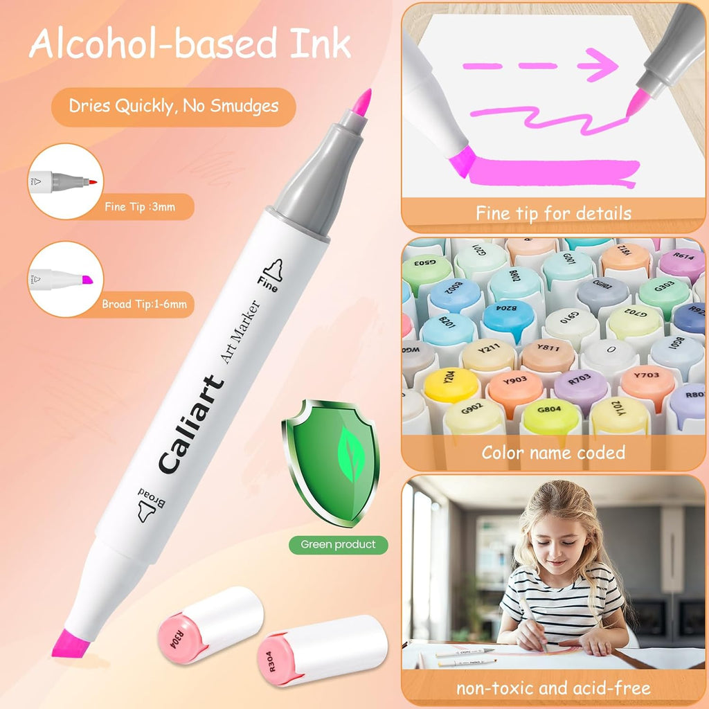Caliart 41 Colors Alcohol Based Markers, 34 Double Tip Brush Pens Art Markers, Drawing Pens Permanent Markers Mothers Day Gift for Mom Kids Artist Adult Cards Drawing