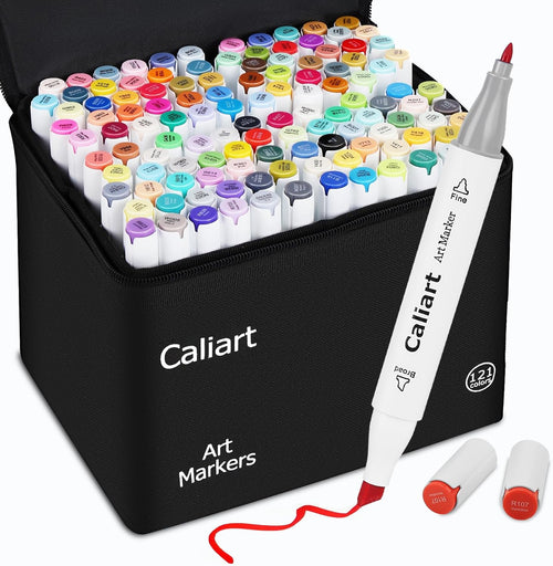 Caliart 121 Colors Alcohol Based Markers, Dual Tip Art Marker Set Chisel & Fine, Permanent Colored Pens for Adults Coloring Book Artists Sketch Illustration Drawing Supplies Gifts