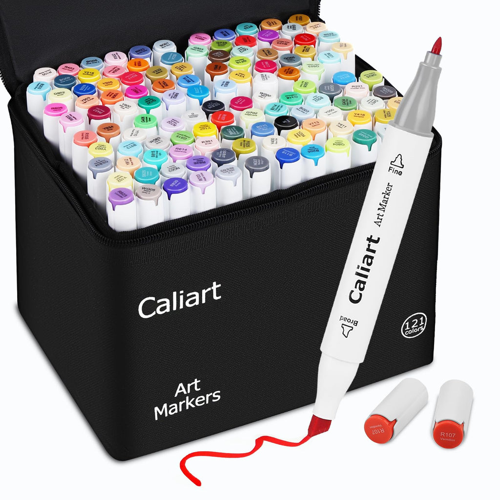 Caliart Alcohol Based Markers, 180 Colors Art Marker Set Fine & Chisel Dual Tip, Permanent Colored Pens for Adults Coloring Book Artists Illustration Sketch Drawing