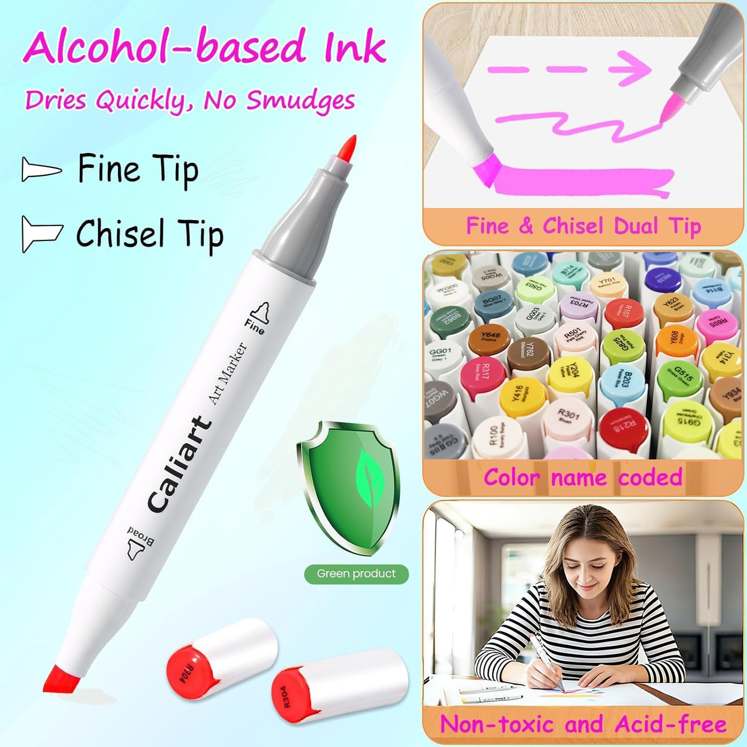 Caliart Alcohol Based Markers, 81 Colors Art Drawing Markers Set Dual Tip Fine & Chisel Permanent Colored Sketch Pens, with Case for Artists Adults Coloring Book Illustration