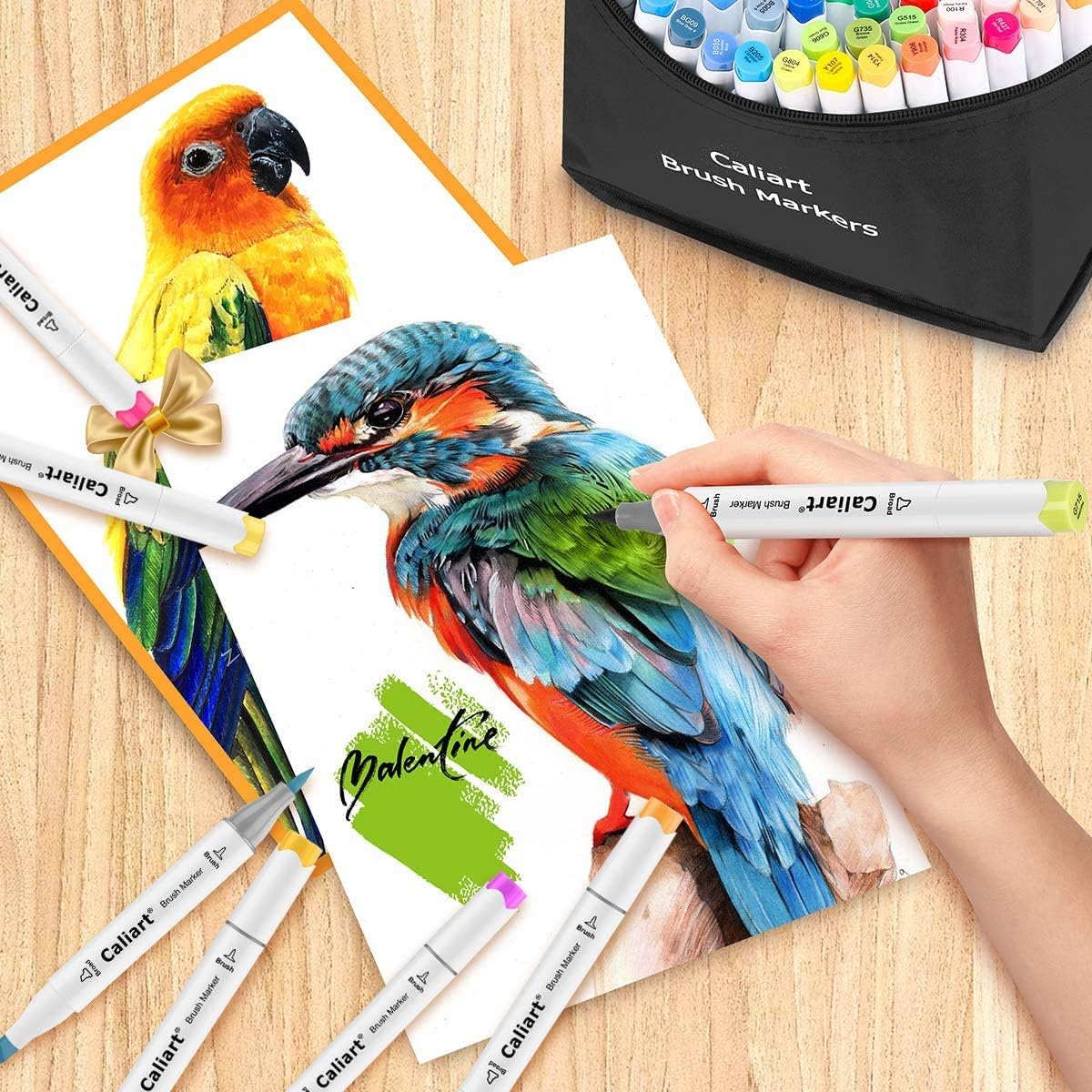 Caliart 51 Colors Alcohol Based Brush Markers, 24 Double-Line Drawing Pens, Mothers Day Gift for Mom, Kids, Adults, Artist, Cards