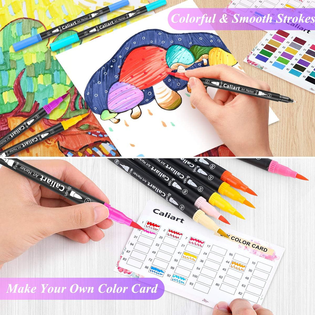 Caliart 34 Double Tip Brush Pens Art Markers, Artist Fine & Brush Pen Coloring Markers for Adult Book Cards Drawing Craft Kit Teacher Office Supplies