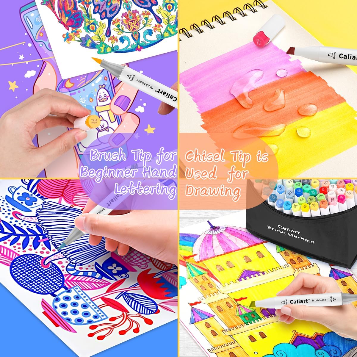 Caliart 51 Colors Brush Alcohol Based Markers, 34 Double Tip Brush Pens Art Markers, Drawing Pens Permanent Markers Mothers Day Gift for Mom Kids Artist Adult Cards Drawing