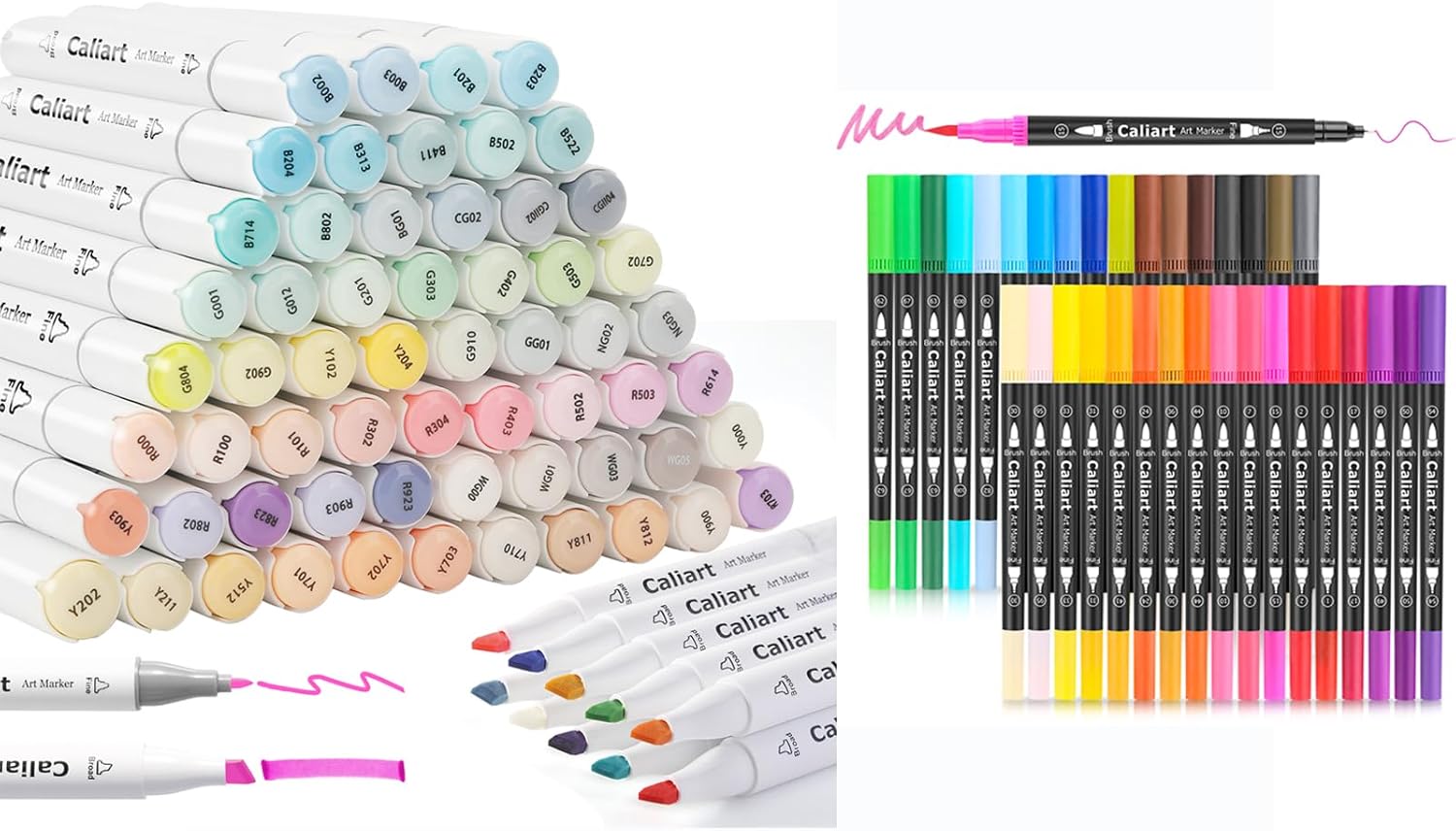 Caliart 61 Colors Pastel Alcohol Based Markers, 34 Double Tip Brush Pens Art Markers, Drawing Pens Permanent Markers Mothers Day Gift for Mom Kids Artist Adult Cards Drawing
