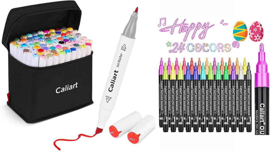 Caliart 81 Colors Alcohol Based Markers, 24 Double-Line Drawing Pens, Permanent Markers Mothers Day Gift for Mom Kids Artist Adult Cards