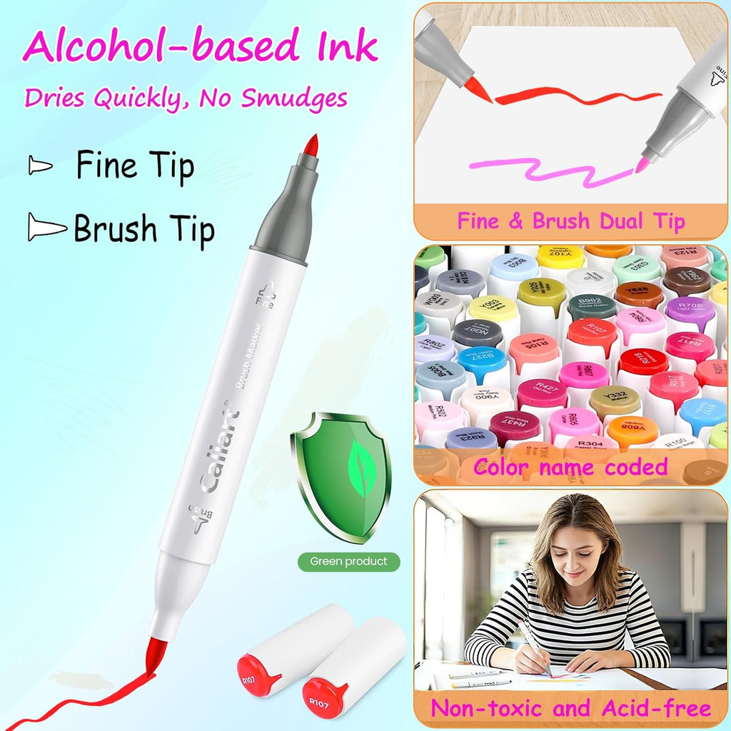 Caliart Alcohol Markers Brush Tip - 121 Colors Dual Tip Artists Coloring Markers Set Brush & Fine, with Case Permanent Alcohol Based Colored Sketch Pens, Art Supplies Gifts for Adults Drawing