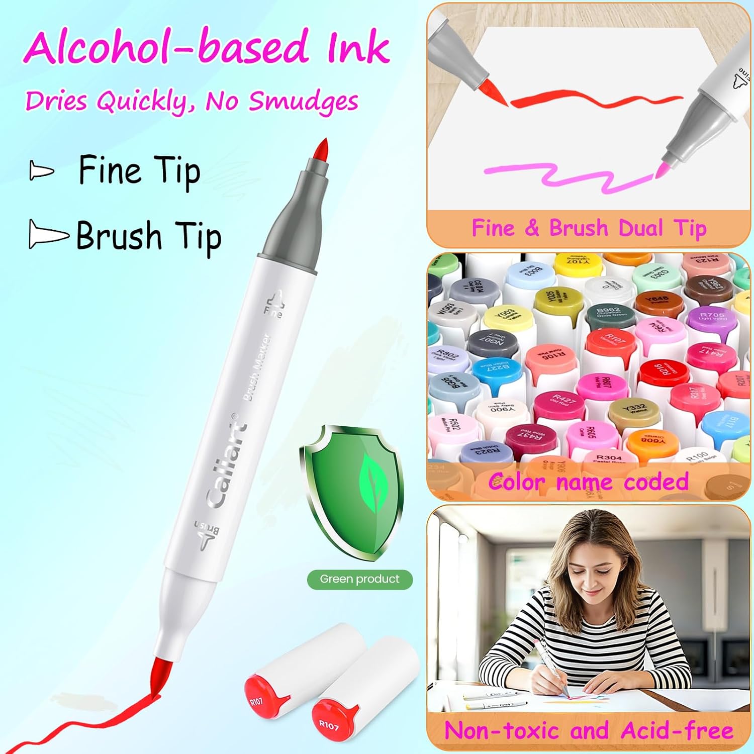 Caliart Alcohol Markers Brush Tip - 121 Colors Dual Tip Artists Coloring Markers Set Brush & Fine, with Case Permanent Alcohol Based Colored Sketch Pens, Art Supplies Gifts for Adults Drawing
