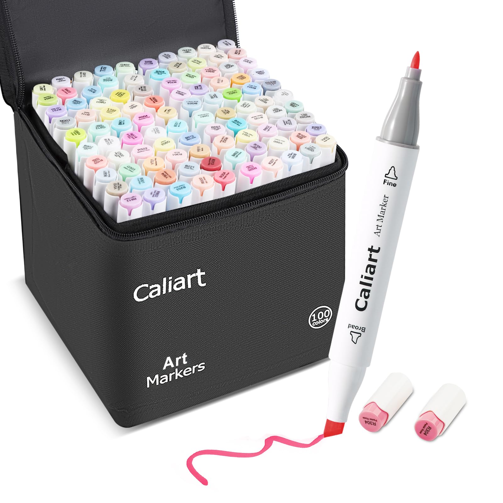 Caliart Pastel Alcohol Markers, 61 Colors Fine & Broad Chisel Dual Tip Permanent Art Markers with Carrying Case, Alcohol Based Sketch Pens for Adults Artists Coloring Painting Drawing Illustration