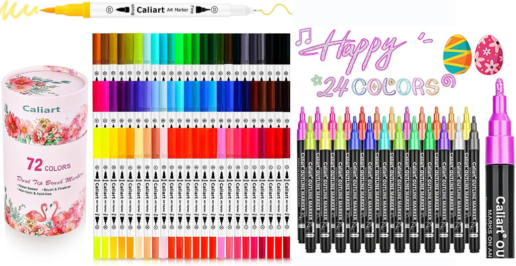 Caliart 72 Double Tip Brush Pens - 24 Color Double-Line Art Markers, Perfect for Cards and Doodle Drawing. Great Gift for Mothers Day or any Artist - Kids, Adults Included