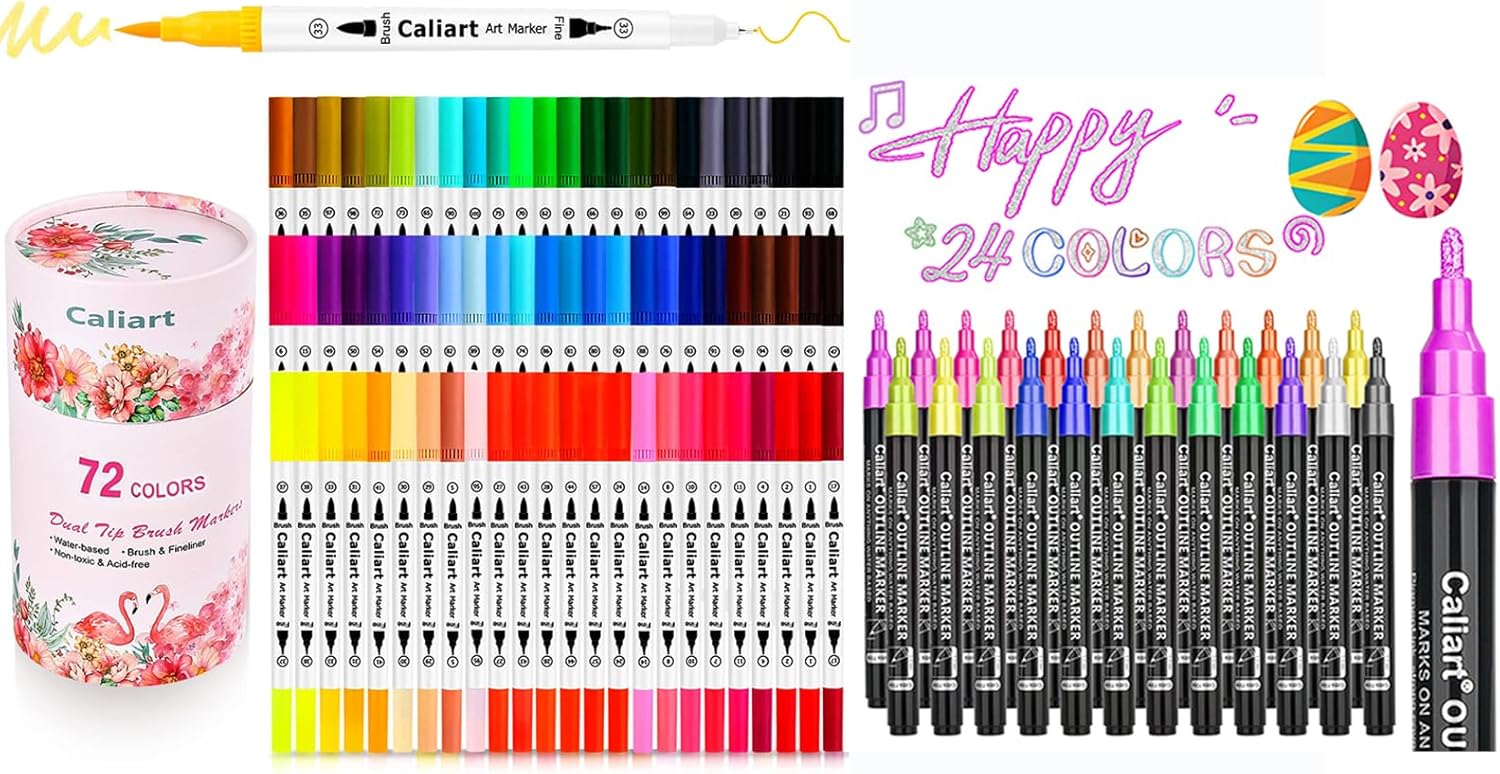 Caliart 72 Double Tip Brush Pens - 24 Color Double-Line Art Markers, Perfect for Cards and Doodle Drawing. Great Gift for Mothers Day or any Artist - Kids, Adults Included