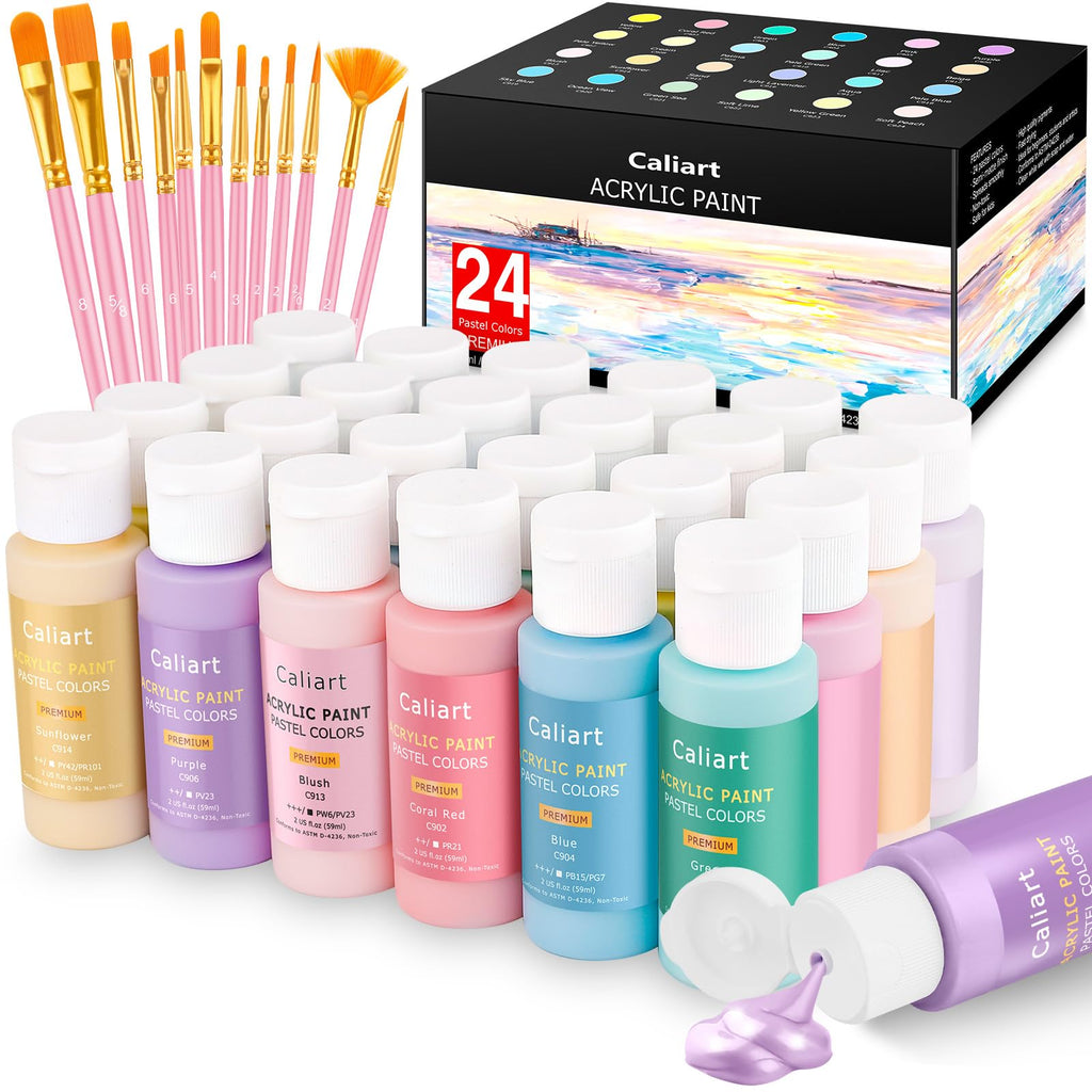 Caliart 36 Colors Acrylic Paint Set with 12 Brushes | Craft Painting kit for Adults Artists Beginners, Rich Pigment Non-toxic, Canvas Wood Rock Pumpkin Ceramic Art Supplies Paint