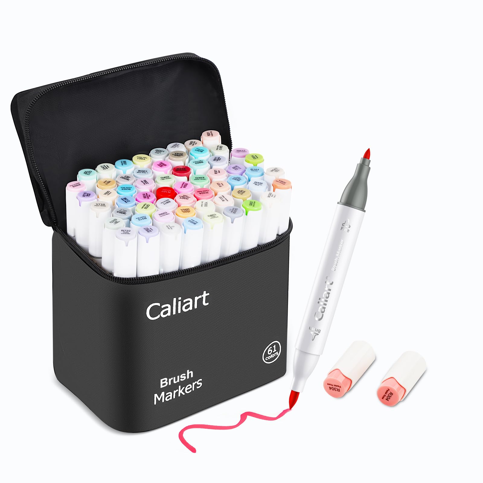 Caliart Pastel Alcohol Markers Brush Tip 61 Colors, Dual Tip Chisel & Brush Set Permanent Art Markers with Case for Artists Adult Coloring Books Illustration Drawing Supplies Gifts, Colorless Blender