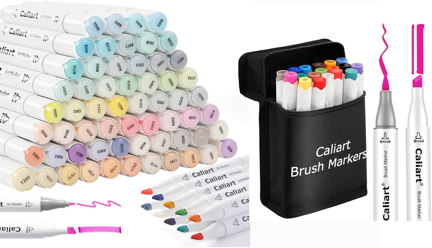 Caliart 61 Colors Pastel Markers - 18 Double Tip Brush & Chisel Alcohol Art Markers, Drawing Pens for Mothers Day Gift for Mom & Kids Art