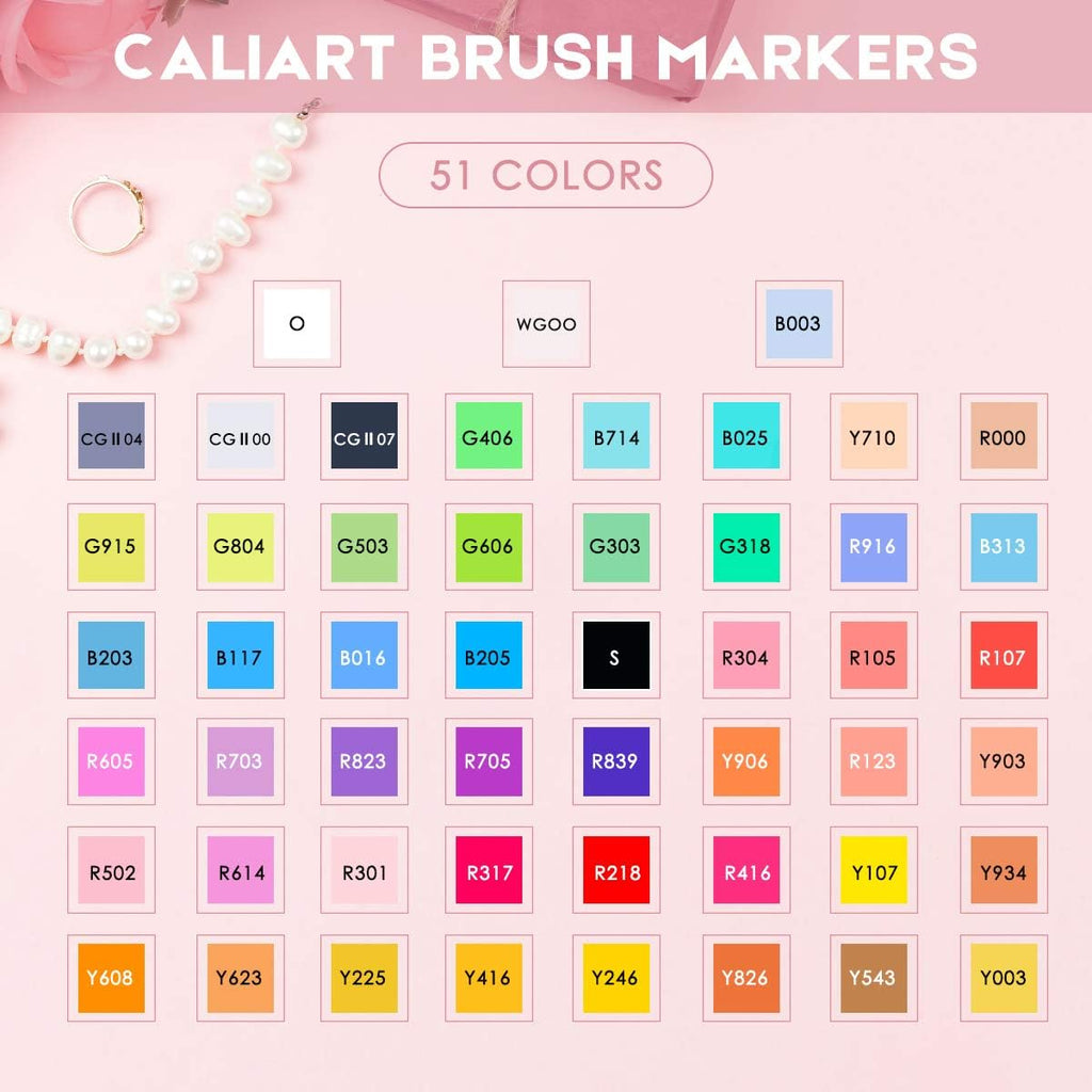 Caliart Alcohol Markers Brush Tip, 51 Colors Dual Tip Artists Coloring Markers Set Brush & Chisel, Permanent Alcohol Based Colored Sketch Pens, Art Supplies Gifts for Adults Drawing Illustration