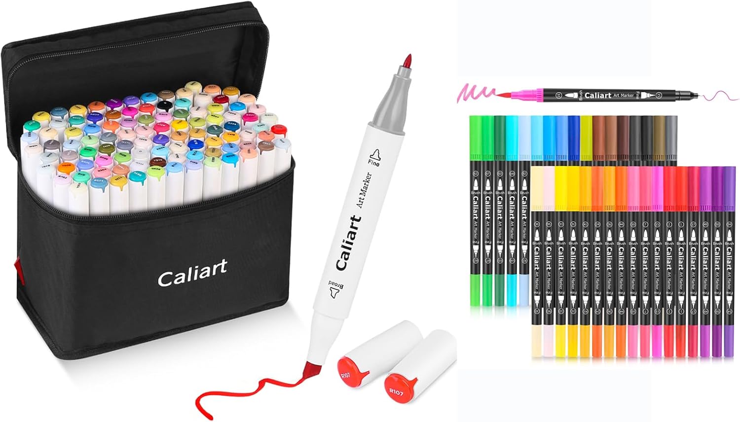Caliart 100 Colors Alcohol Based Markers, 34 Double Tip Brush Pens Art Markers, Drawing Pens Permanent Markers Mothers Day Gift for Mom Kids Artist Adult Cards Drawing