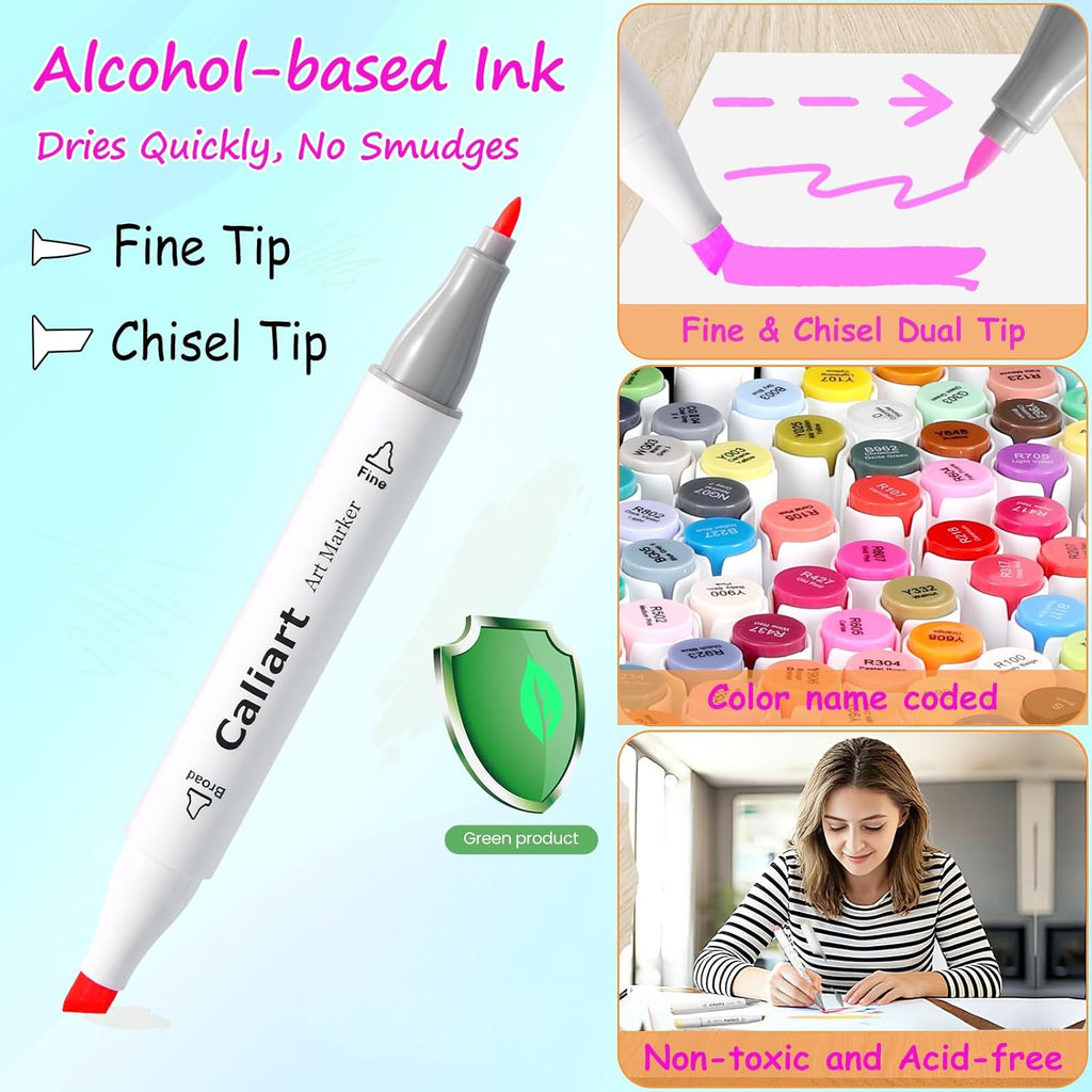 Caliart 41 Colors Alcohol Markers Dual Tip Fine & Chisel, Based Art Markers Permanent Pens for Adults Coloring Books, Artists Drawing Sketch Illustration Highlighting, Art Supplies with Storage Case
