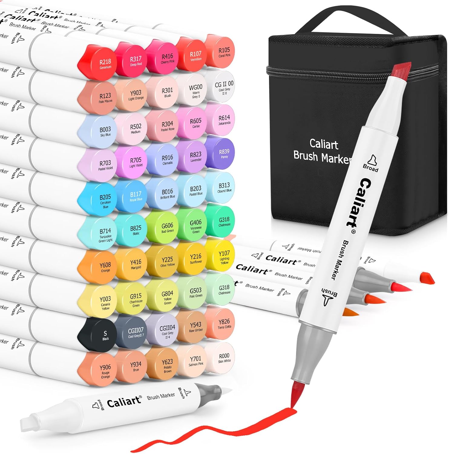 Caliart 51 Colors Brush Alcohol Based Markers, 34 Double Tip Brush Pens Art Markers, Drawing Pens Permanent Markers Mothers Day Gift for Mom Kids Artist Adult Cards Drawing