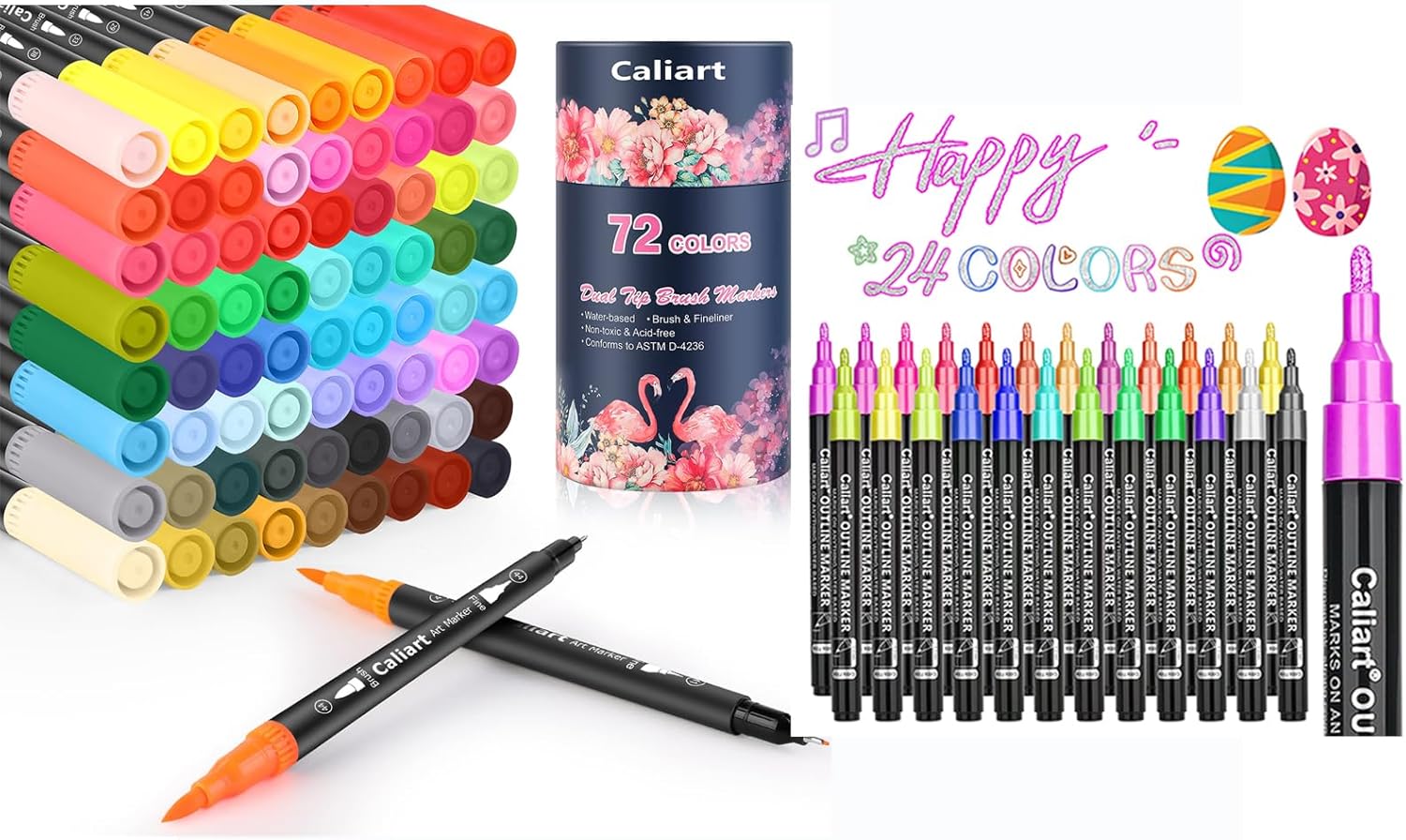 Caliart 72 Double Tip Brush Pens Art Markers, 24-Color Double-Line Drawing Doodle Outline Markers, Drawing Pens Permanent Markers Mothers Day Gift for Mom Artist Adult Cards Drawing