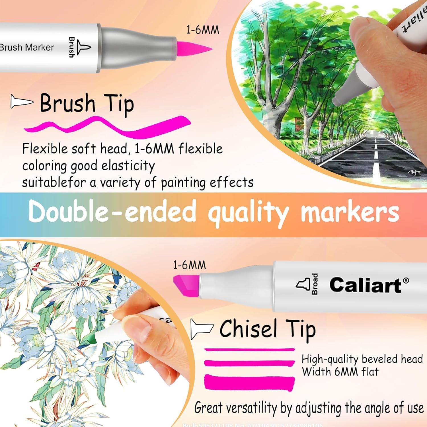 Caliart Pastel Alcohol Markers Brush Tip 61 Colors, Dual Tip Chisel & Brush Set Permanent Art Markers with Case for Artists Adult Coloring Books Illustration Drawing Supplies Gifts, Colorless Blender