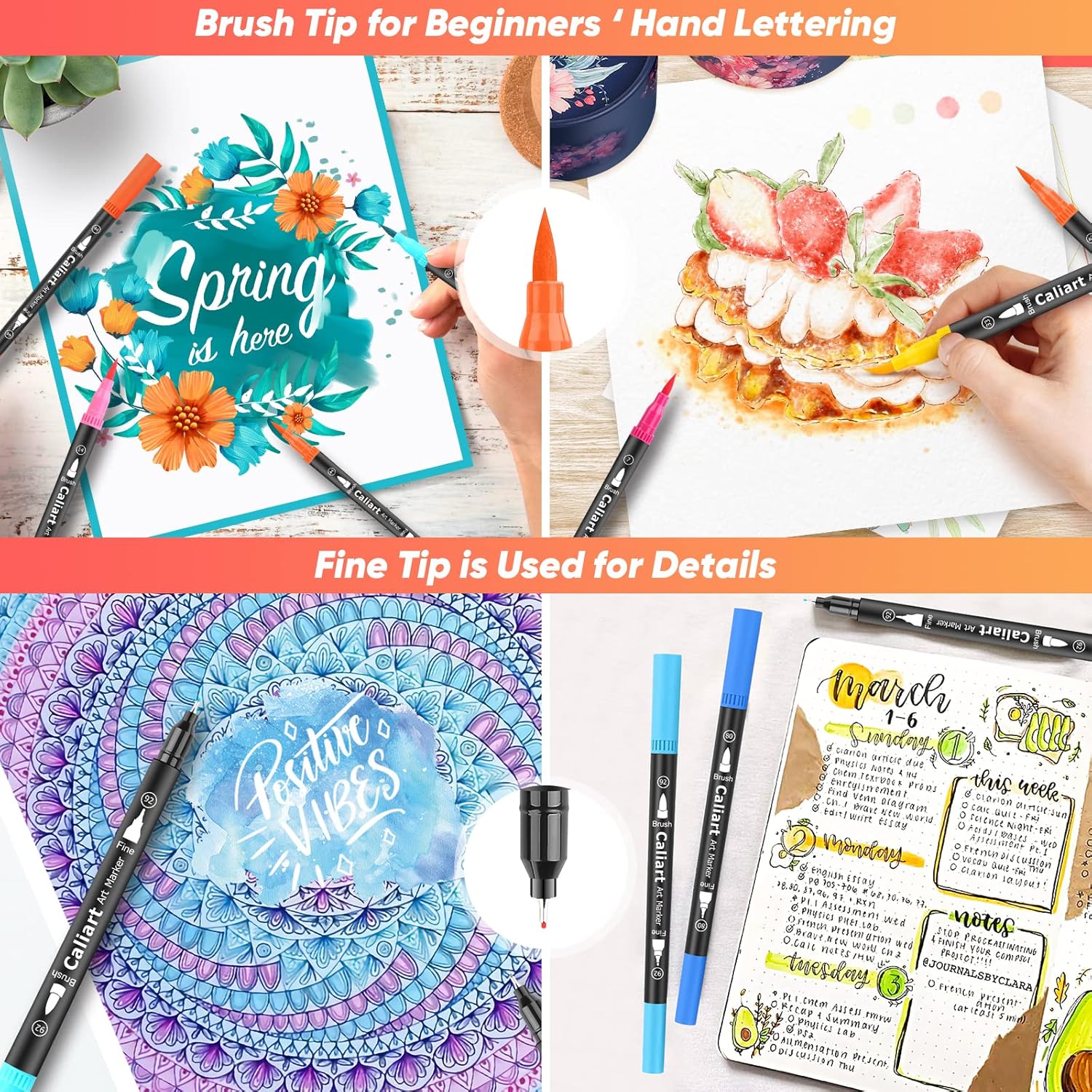 Caliart 72 Double Tip Brush Pens Art Markers, 24-Color Double-Line Drawing Doodle Outline Markers, Drawing Pens Permanent Markers Mothers Day Gift for Mom Artist Adult Cards Drawing