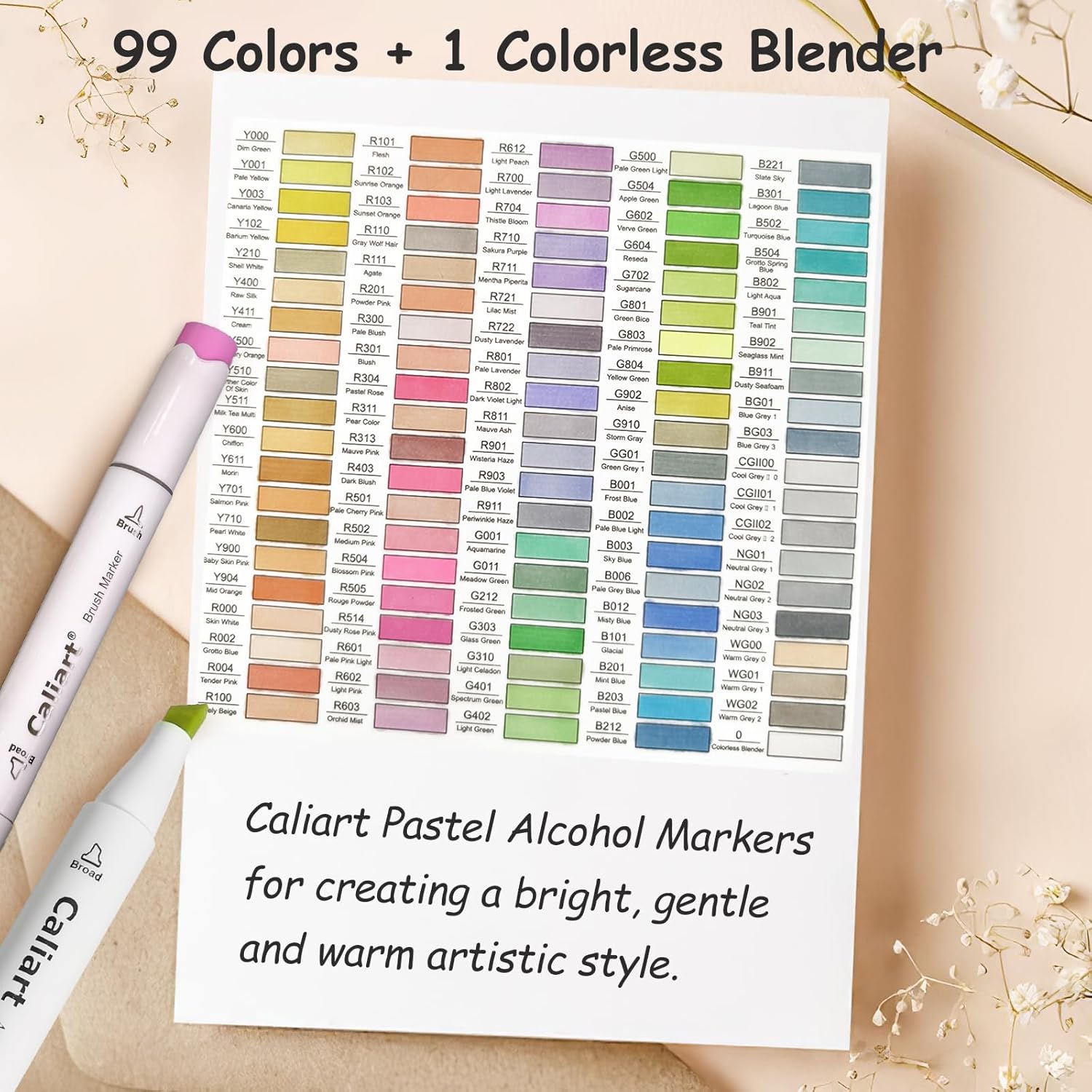 Caliart Pastel Alcohol Markers Brush Tip, 100 Colors Dual Tip Coloring Marker Pen Set Brush & Chisel, Art Supplies Gift for Adults Coloring Book Artists Sketch Drawing Illustration