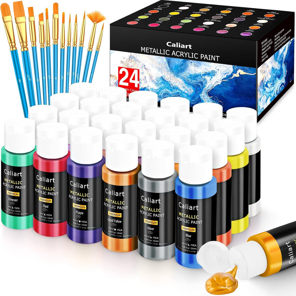 Caliart Acrylic Paint Set with 12 Brushes, 24 Metallic Colors (59ml, 2oz) Art Craft Paints for Adults Artists Beginners Painters, Canvas Halloween Pumpkin Ceramic Wood Rock Painting Kit Art Supplies