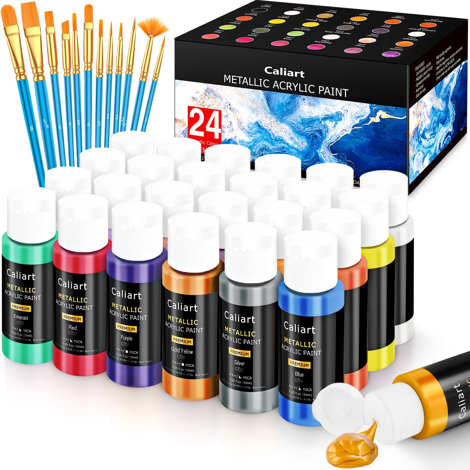 Caliart Acrylic Paint Set with 12 Brushes, 36 Pastel Colors (59ml, 2oz) Art Craft Paint for Artists Adults Beginners Painters, Canvas Ceramic Wood Fabric Rock Painting Supplies Kit